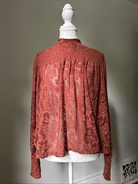 DELETTA Anthro Amanna Orange Mock Neck Smocked Lace Long Sleeve Medium